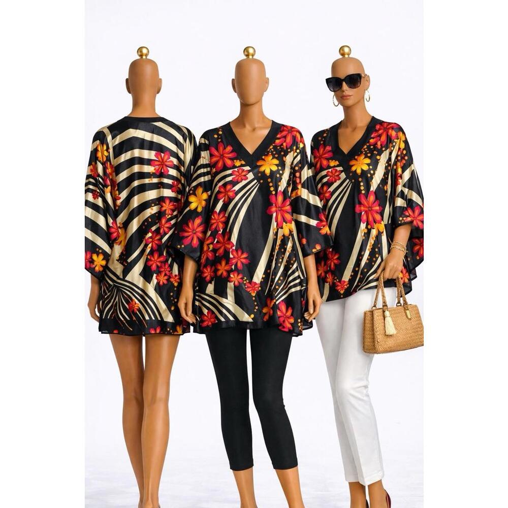 Generation SX Women XL Black Pink Floral Satin Tunic Blouse Kimono Sleeve Boho